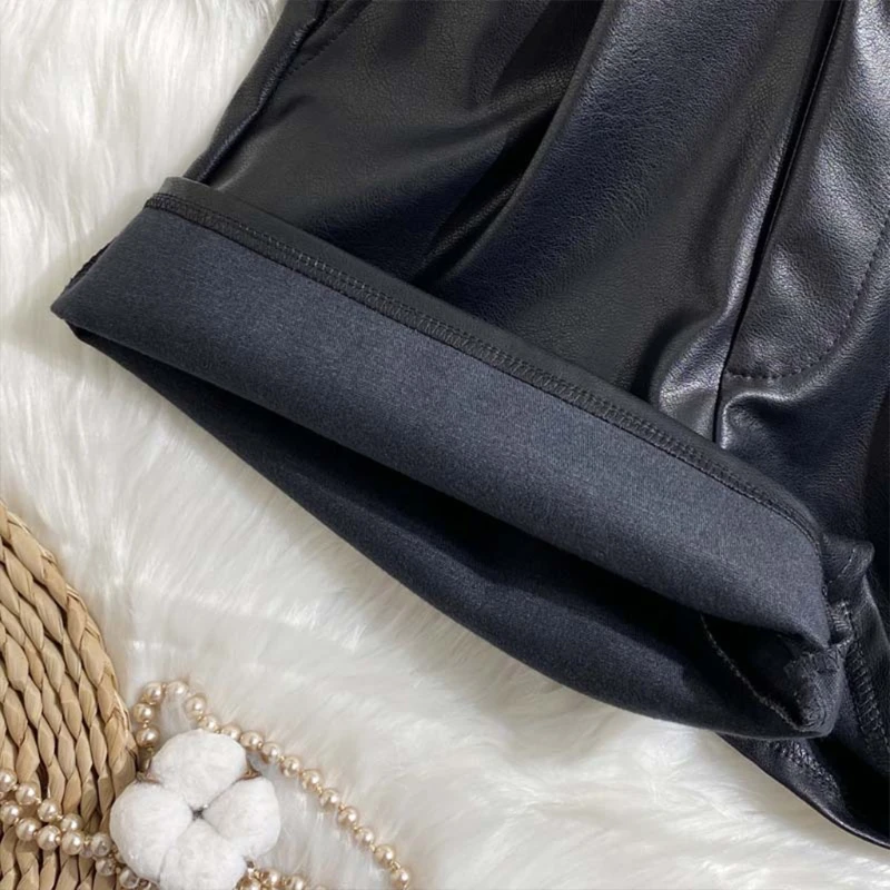 

Women Autumn And Winter Fashion Versatile High Waist PU Leather Wide Leg Streetwear Female Ladies Shorts With Belt