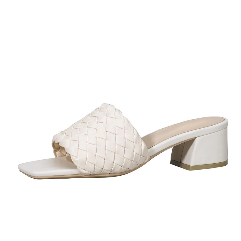 

Flat Shoes Female Low Ladies' Slippers Slipers Women Luxury Slides Square Toe 2021 Designer Rome Rubber Hoof Heels PU Fabric