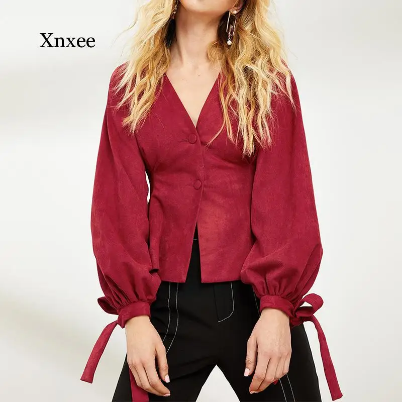 Fall Clothing Sexy Low Cut Solid Color Long Sleeve Women Blouse Sexy Women Lanter Sleeve Tops and Shirt Clothing Tops