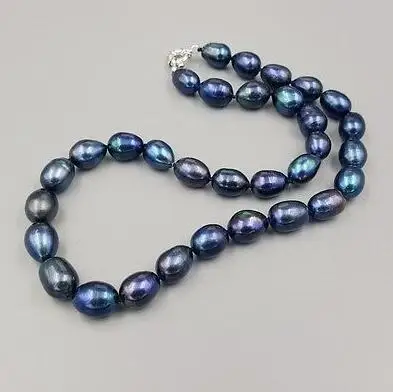 

New 9-10mm baroque tahitian black blue Color Freshwater pearl necklace 18"