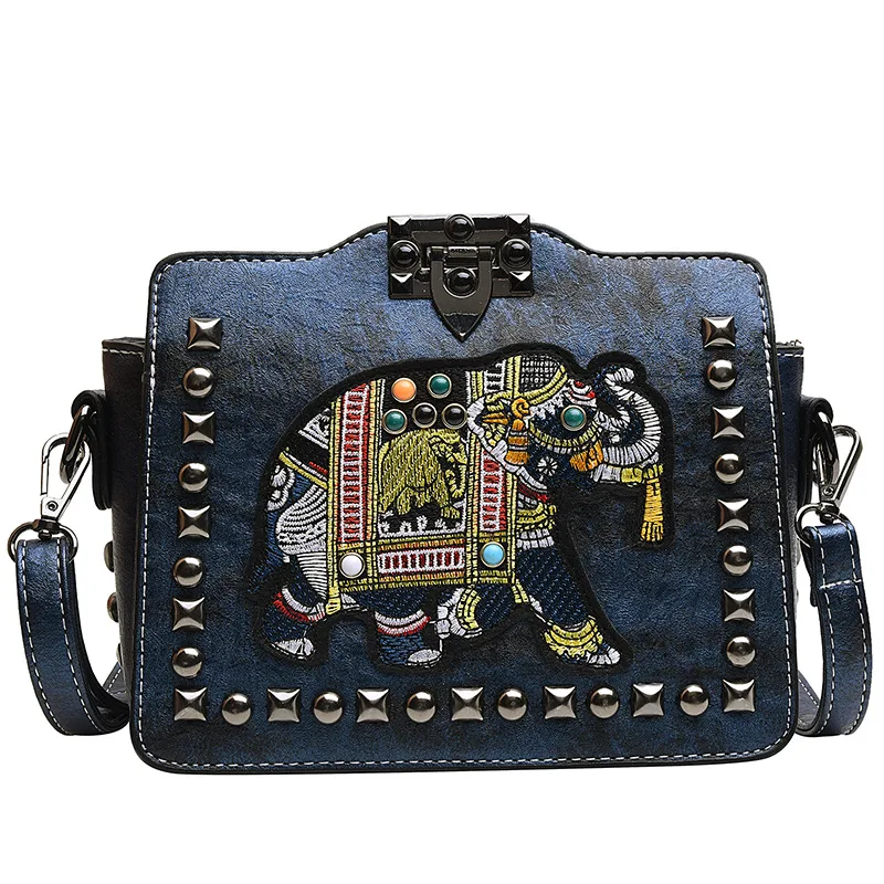 

Female Fashion Vintage Insert Rivet Clutch Bags Embroidery Elephant PU Leather Women Shoulder Crossbody Bag Hasp Woman Handbags