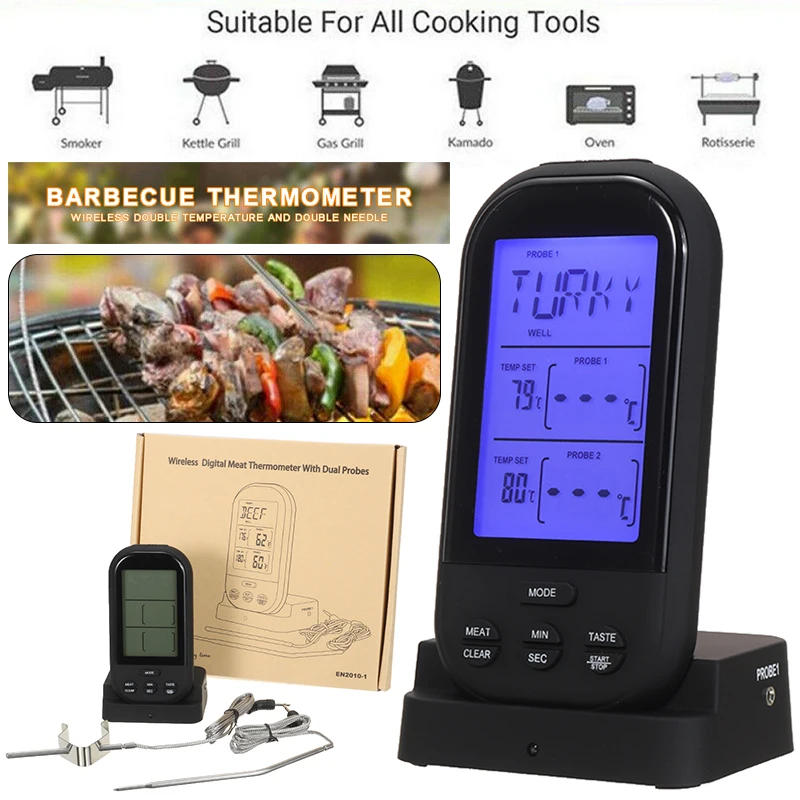 

Digital Wireless Remote Meat Thermometer 32 to 482 Degree F Dual Probe Food Temperature Measuring Tool for BBQ Oven Grill Smoker