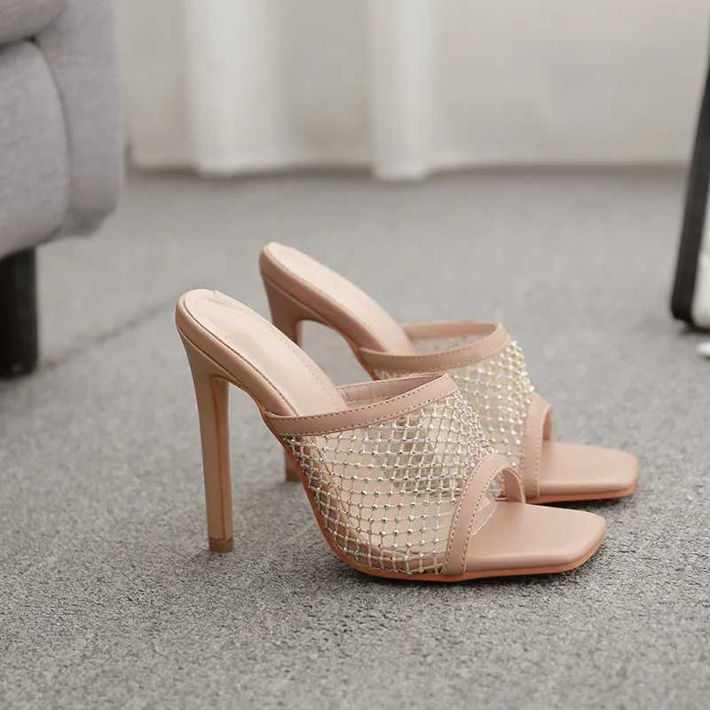 

High-Heeled Shoes Lady Woman's Slippers Glitter Slides Square Toe 2021 Jelly Thin PU Rubber Crystal Rome Fabric Sexy Super