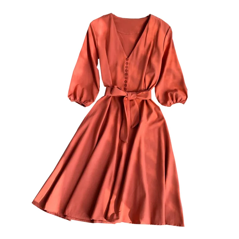 

Женское однобортное платье-трапеция, элегантное праздничное платье до середины икры с V-образным вырезом, рукавом до локтя, высокой талией и...