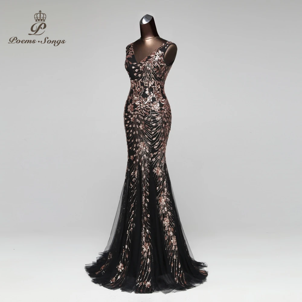 Poems Songs New Double-V Mermaid Evening Dress prom gowns Formal Party dress vestido de festa Elegant Vintage robe longue