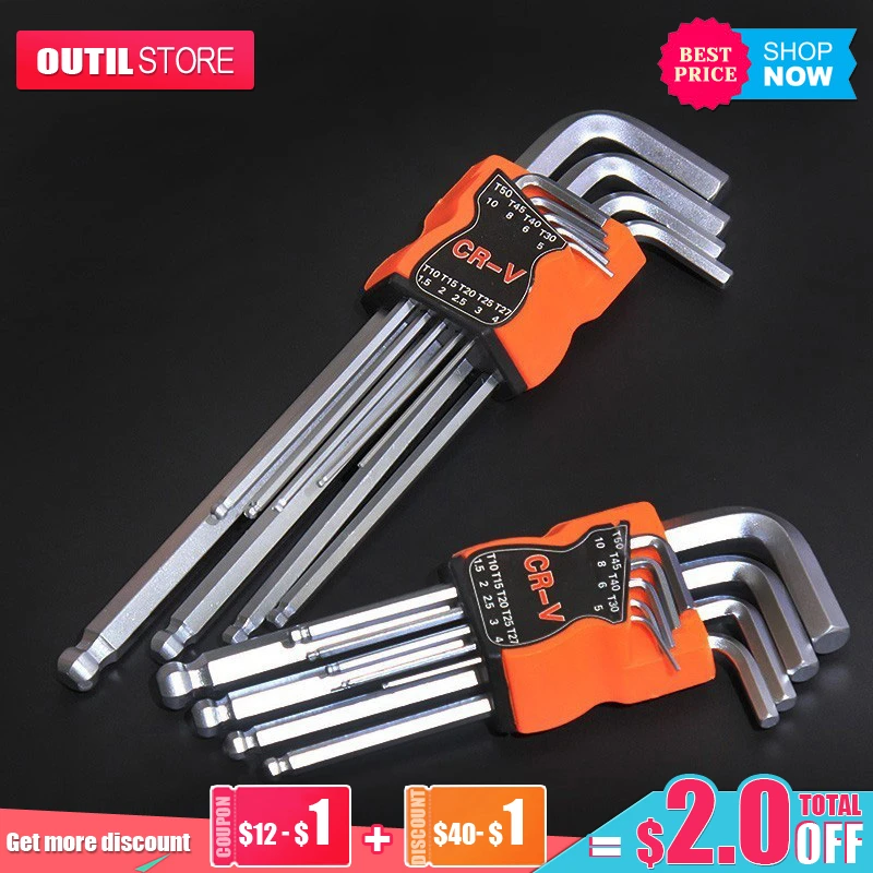 

Realmote 9PCS Double-End L Type Screwdriver Hex Wrench Set Allen Key Hexagon Flat Ball Torx Star Head Spanner Key Set Hand Tools