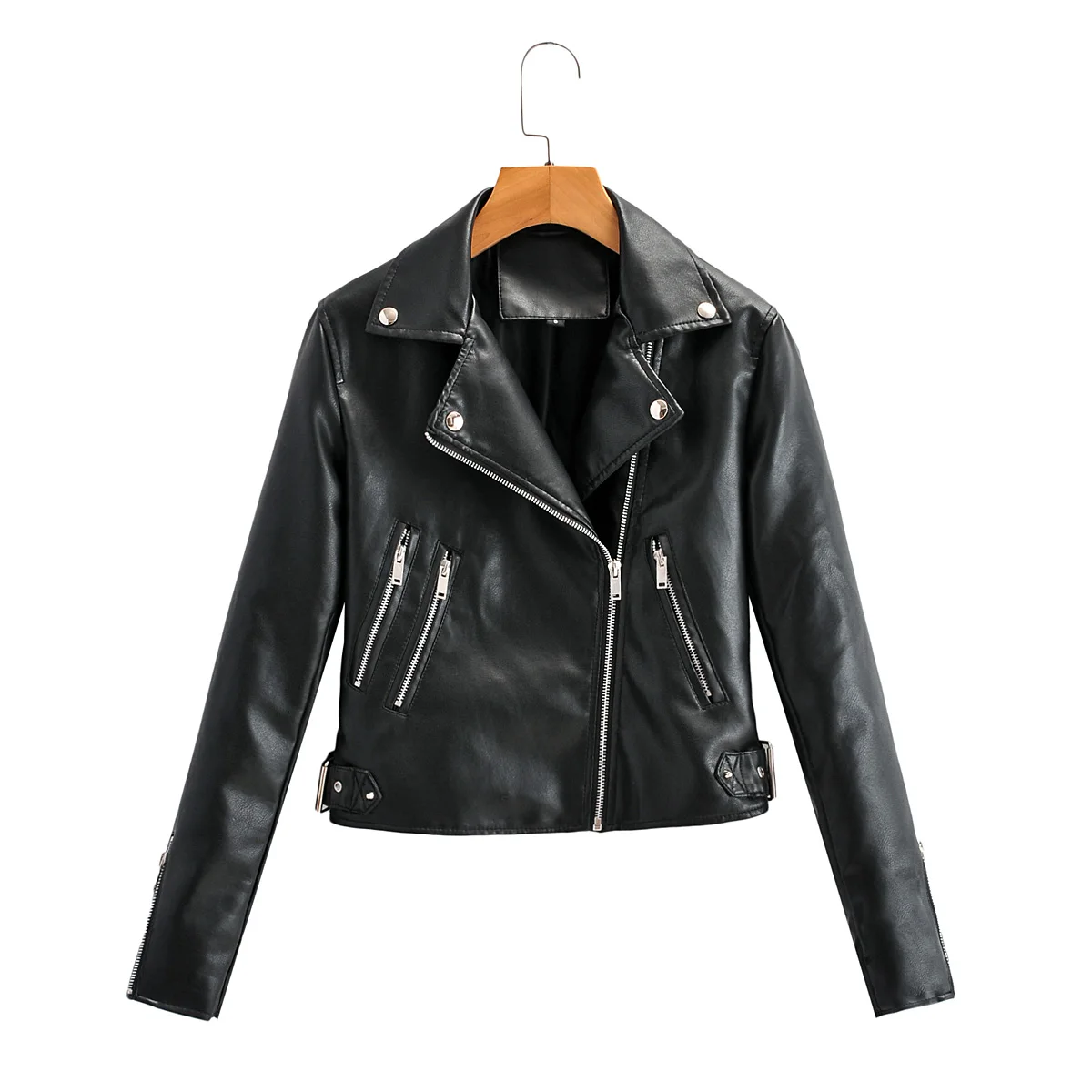 Brand Pop Women Spring Autumn Black Faux Leather Jackets Zipper Basic Coat Turn-down Collar Motor Biker Jacket With Belt Pop