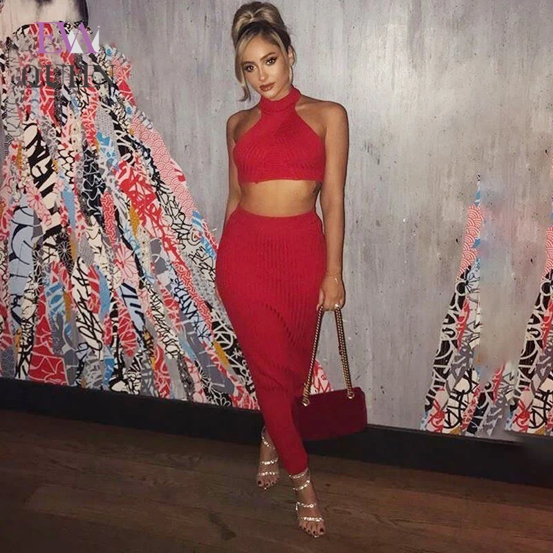 Женский трикотажный комплект 2 шт. EvaQueen красный укороченный топ и длинные юбки из