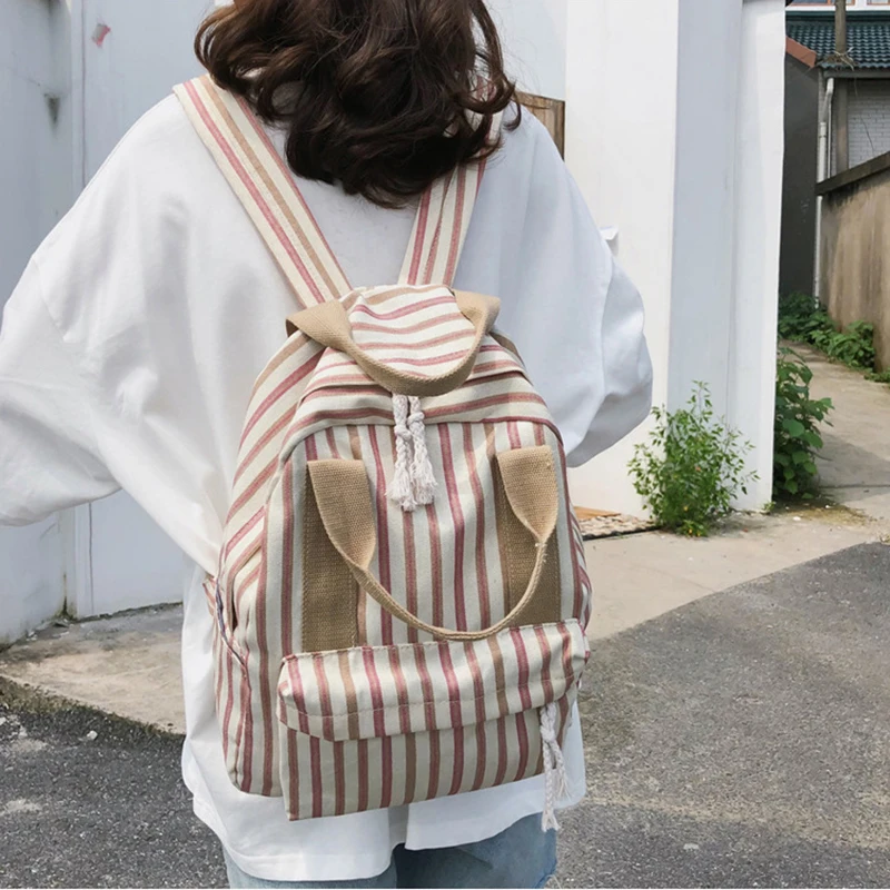 Повседневный хлопковый рюкзак в Вертикальную Полоску Женский школьный с