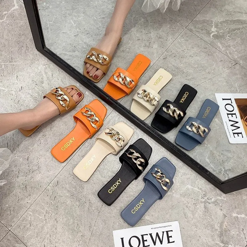 Women Slippers Metal Chain Design Charm Open-toe Set Foot Summer Beach Sandals Ladies Outdoor Flat Slides Casual Women Shoes