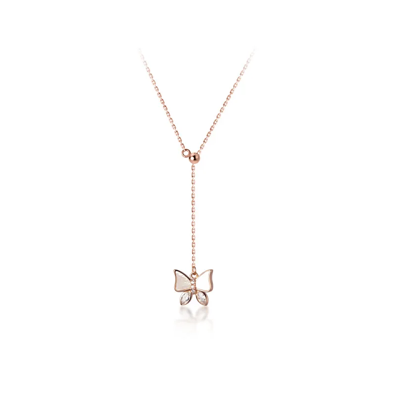 

S925 Sterling Silver Color Sweet Butterfly Pendant Inlaid with Synthetic Shell Crystal Necklace For Women Lady Daughter Jewelry