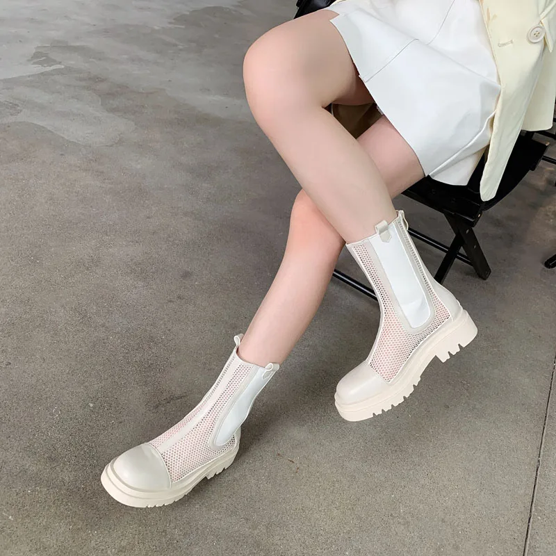 

Женские сапоги, высокие белые сапоги из сетчатого материала, женские сапоги-гладиаторы в стиле панк с круглым носком на платформе, черные са...