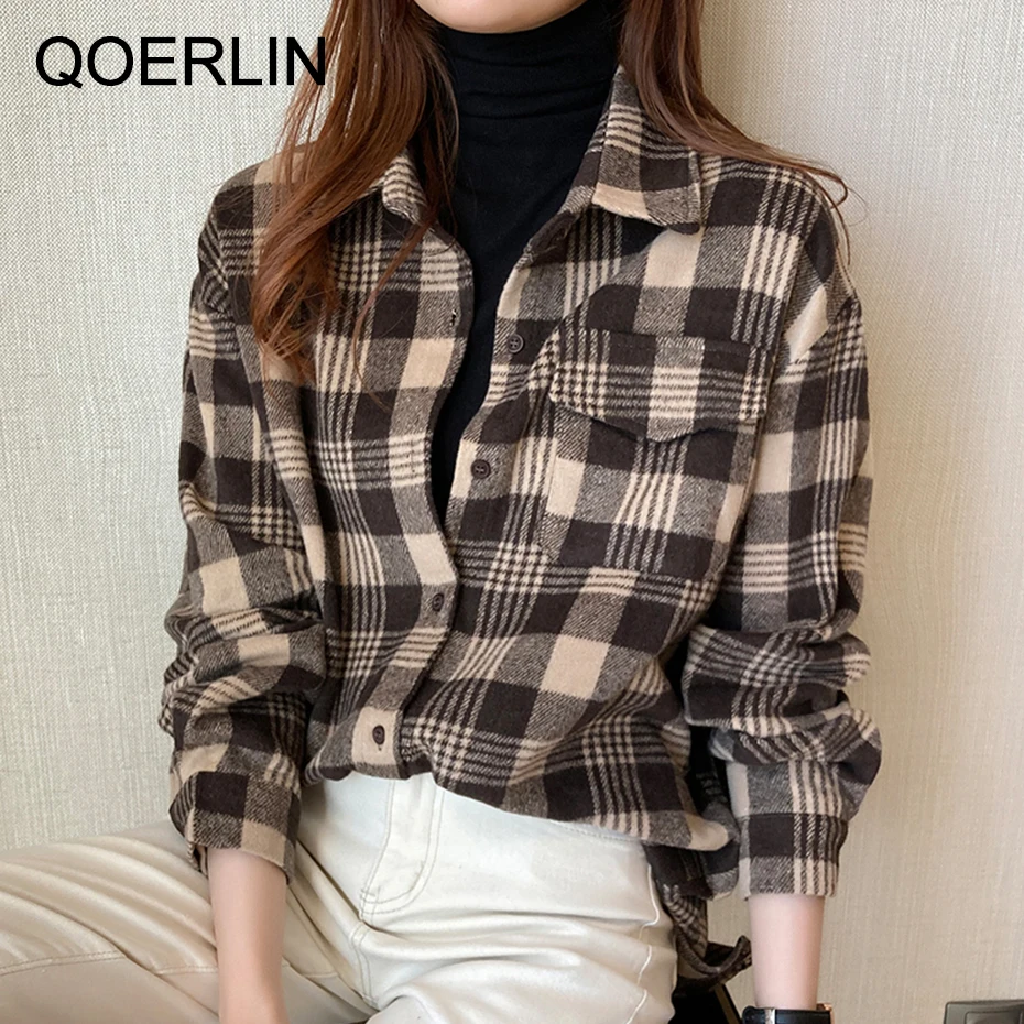

QoerliN 2020 Autumn Winter New Korean Style Retro Casual Lapel Long Sleeve Single-Breasted Shirt Women Plaid Plus Size Blouse