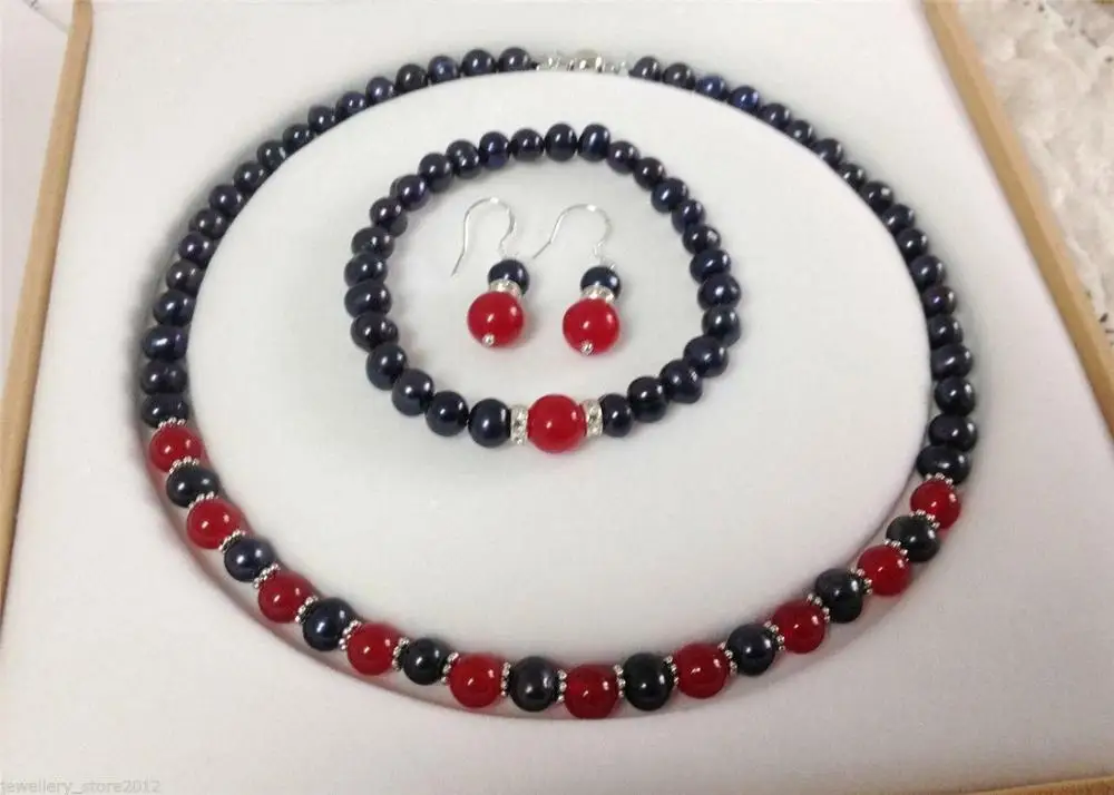 

Black Pearl Red Jade Necklace Bracelet Earring Set 18" AAA New 7-8mm