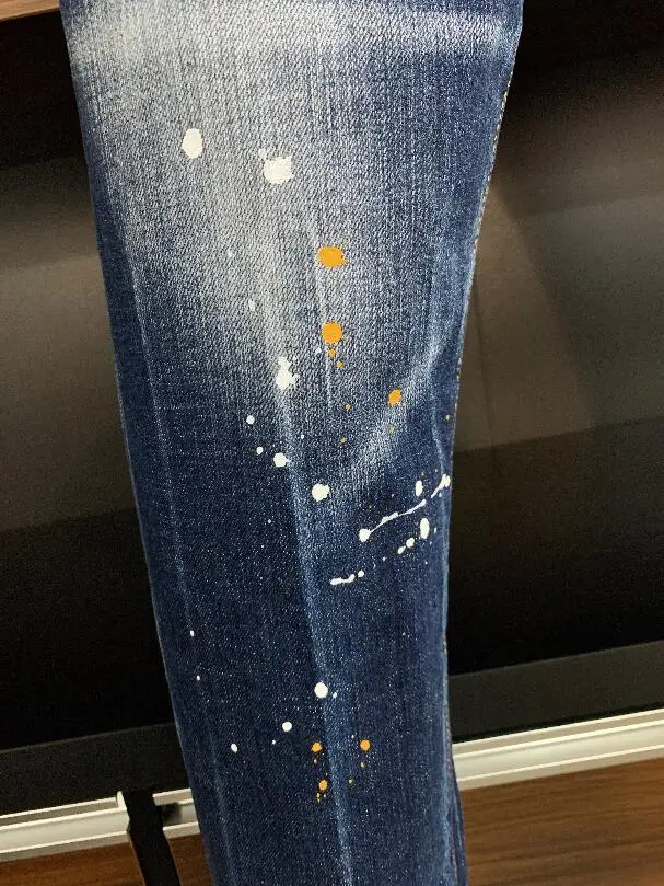 patchwork jeans Authentic Classic Dsquared2 Mens Stretch Paint Ripped Holes Skinny Jeans Blue Stitching Beggar Pants 9805