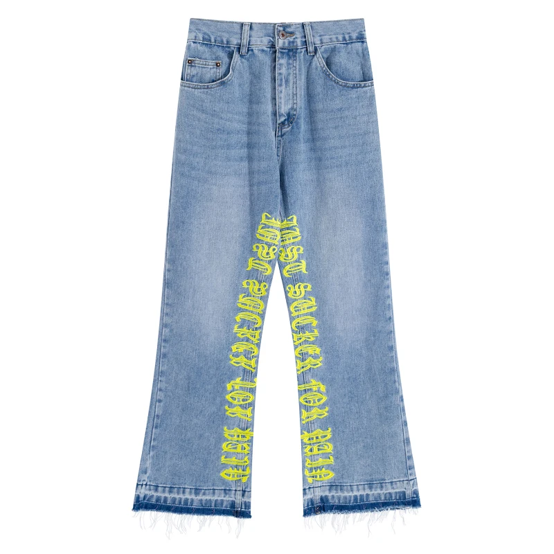 

UNCLEDONJM Letter embroidery goth clothes Distressed hip hop jeans bell bottom jeans High Street mens jeans Flare Pants Y208