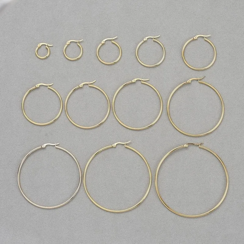 12pair/set 304 Stainless Steel Hoop Earrings Huggie Hoop Earrings for Women Round Ring  Golden 12 Gauge 15-70mm