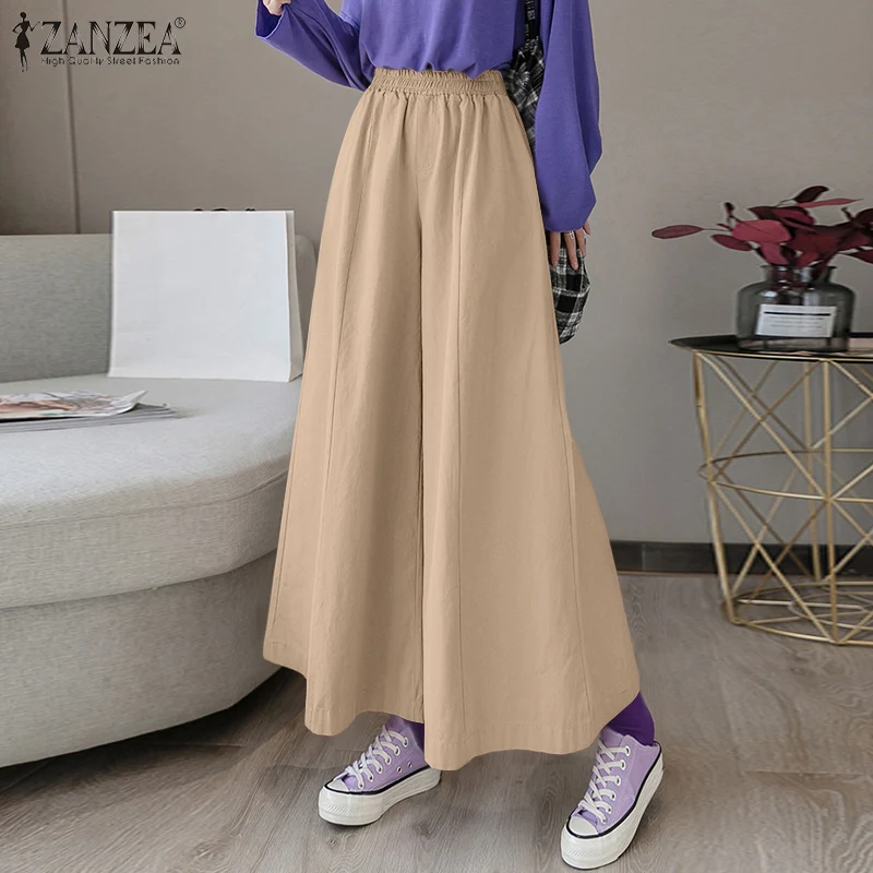 

Винтажные брюки с широкими штанинами, женские весенние брюки ZANZEA 2021, длинные брюки с эластичным поясом, Женские однотонные брюки палаццо с р...
