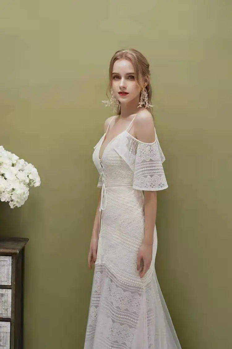 

FENTEFEN 2021 Simple Lace Light Bohemian Wedding Dress Bridal Gown FN-0023