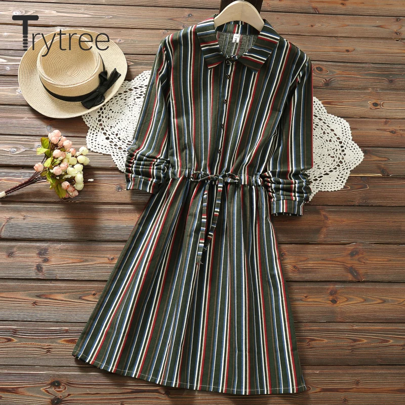 Trytree Autumn Women Dress Casual Turn-down Collar Striped Shirt Dresses Adjustable Drawstring A-Line Office Lady Button | Женская