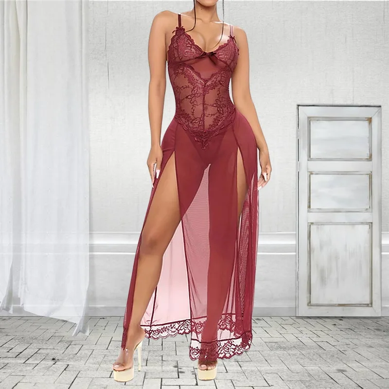 

Sexy Lingerie Women Sexy Perspective Pajamas Robe Sleepwear Lingerie Slim V Neck Mesh Babydoll Sleepwear Nightgowns Lace Dress