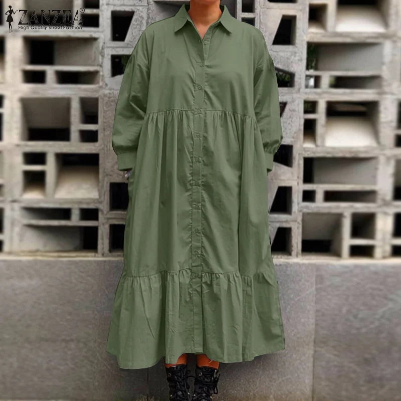 

Женское повседневное однотонное платье-рубашка ZANZEA для праздника, элегантное платье с длинным рукавом и отворотом, Осеннее мешковатое плат...