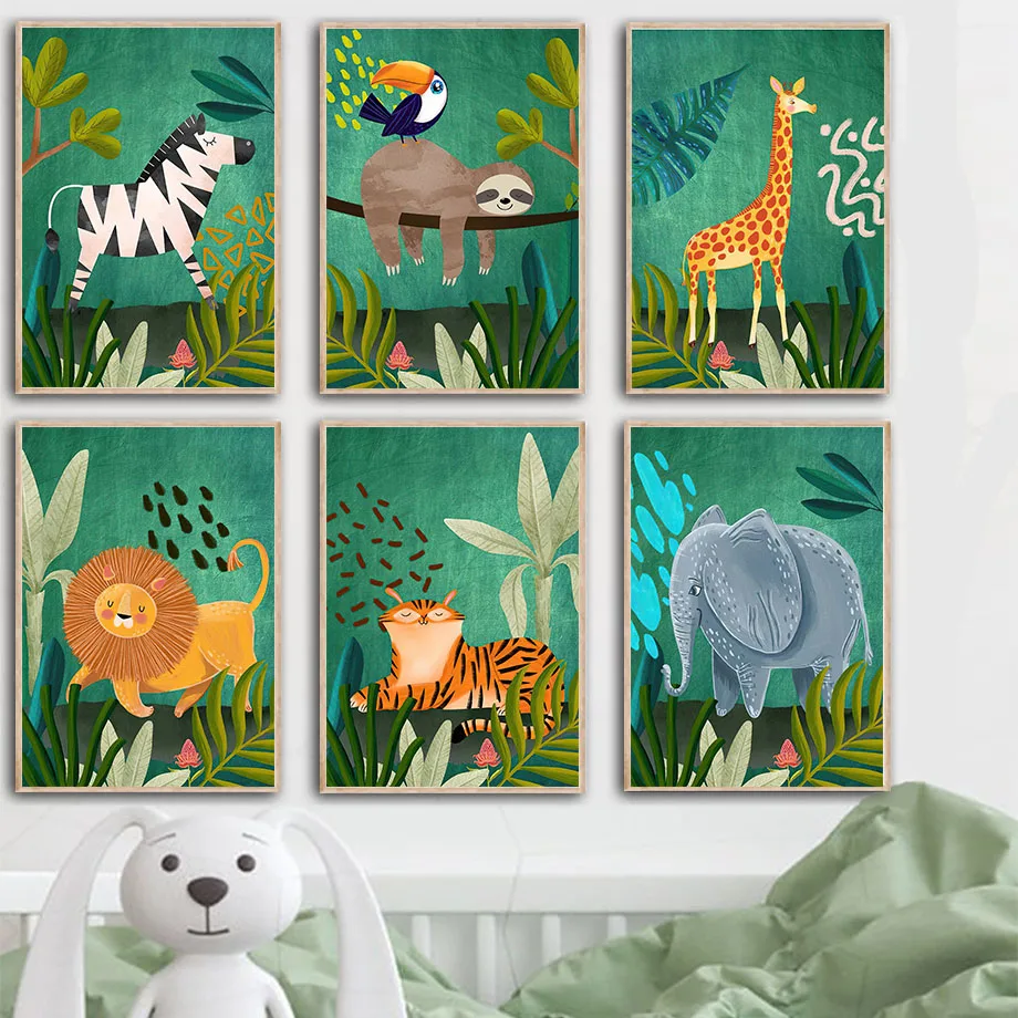 

Jungle Animals Lion Elephant Zebra Giraffe Nursery Wall Art Print Canvas Painting Nordic Poster Decor Pictures Kids Baby Room