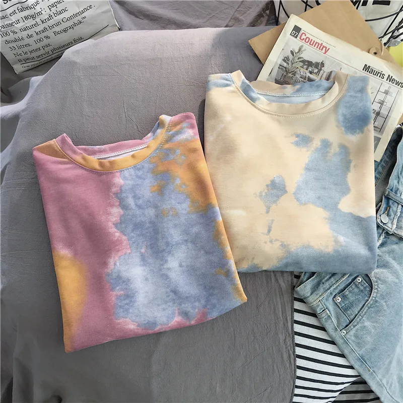 Shellsuning Tie Dye Нижняя футболка весна Harajuku уличная свободная одежда футболка с длинным рукавом Женский мягкий пуловер с круглым вырезом топы