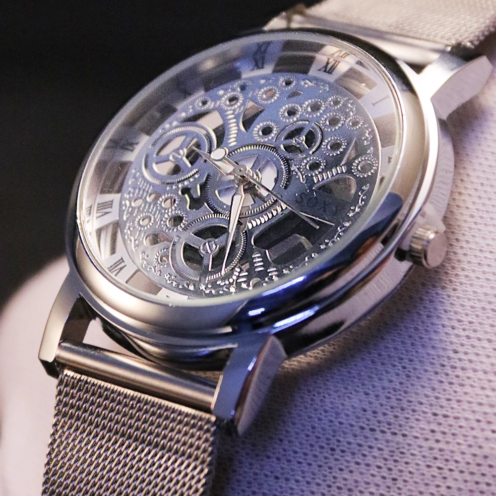 Роскошные полые стальные часы мужские Ретро Reloj Hombre кварцевые наручные Relogio