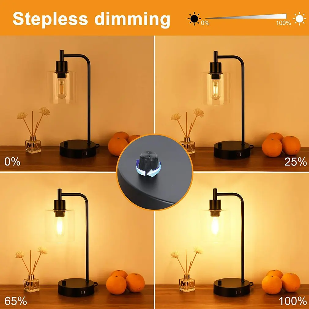 

60W Industrial Retro Touch Control Table Lights with 2 USB Ports Dimmable Bedside Nightstand Desk Lamp for Bedroom Living Room