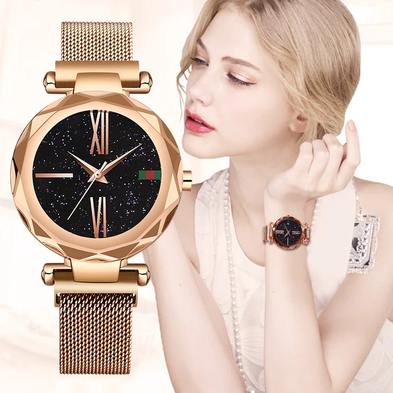 

Hot Best Selling Women Mesh Magnet Buckle Starry Sky Watch Casual Luxury Women Geometric Surface Quartz Watches Relogio Feminino