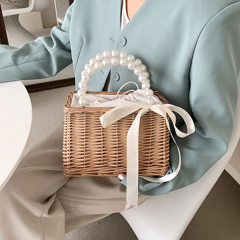 

Straw Bag Women's Bag 2021 Summer New Woven Pearl Portable Small Square Bag Ins Korean Version of Lace Stereotyped Bag