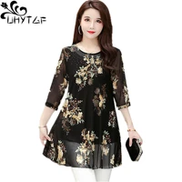 uhytgf elegant mother summer shirt woman mid length printed mesh casual thin bottoming top female loose 5xl loose size blouses 4