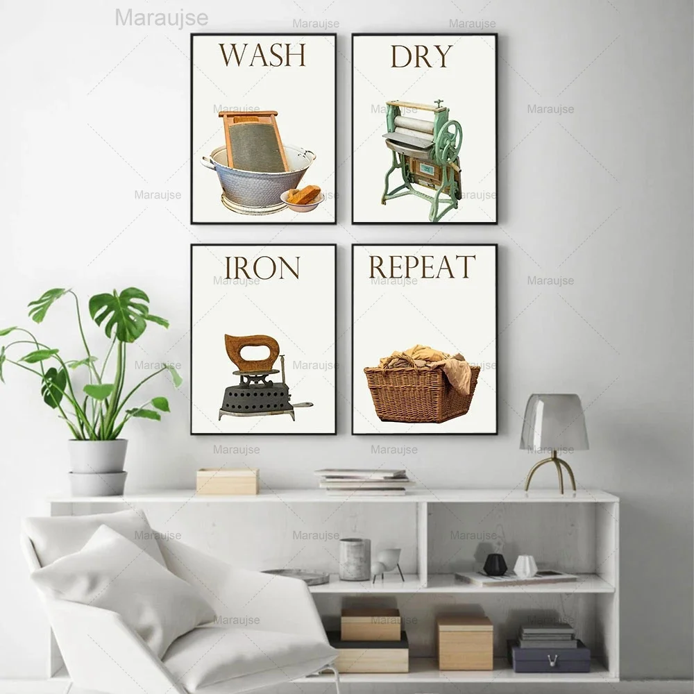 

Vintage Laundry Wall Art Print Canvas Painting Nordic Poster Wash Dry Fold Repeat Laundry Sign Pictures Home Decoration Modular