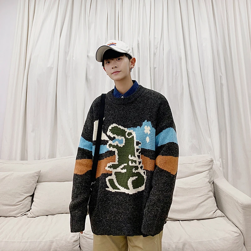 New Men Clothes Casual korean Style off white Cartoon Animal Pattern O-Neck couple Christmas student knitted sweater pullovers | Мужская