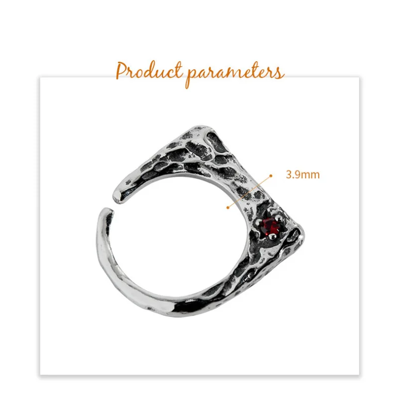 

F.I.N.S Ancient INS Design Retro Old Red Zircon 100% S925 Sterling Silver Open Ring Square Uneven Fashion Women Men Rings 925
