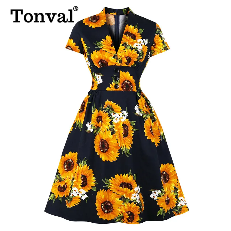 Женское винтажное платье Tonval облегающее с V-образным вырезом и цветочным принтом