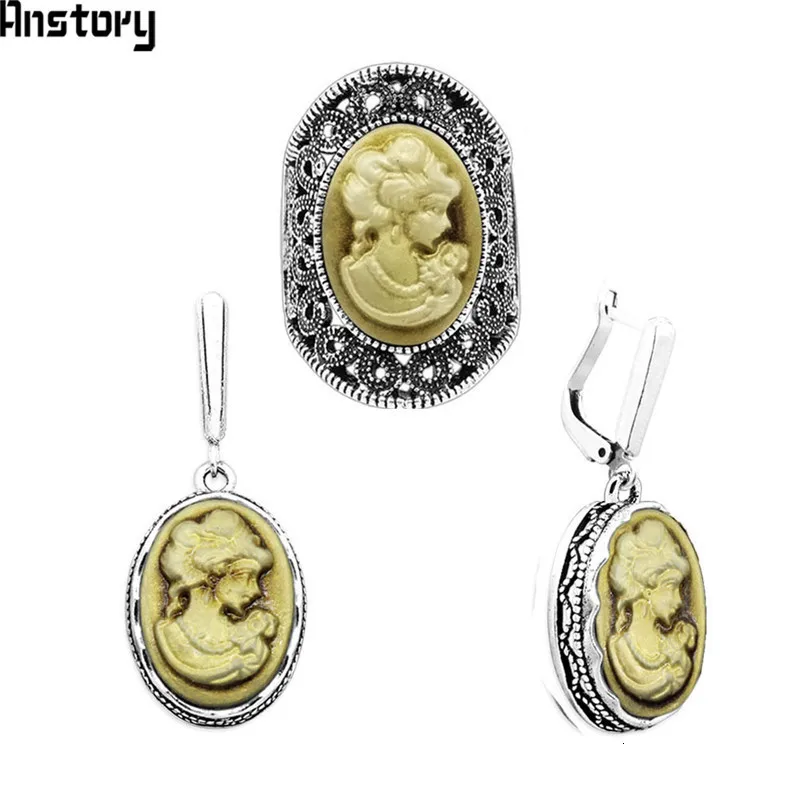 Lady Queen Cameo Jewelry Sets Vintage Necklace Earrings Ring For Women Flower Pendant Fashion Party Fashion Jewelry