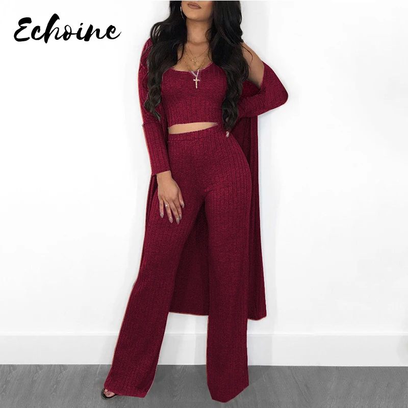 

Women 3 Pieces Set 2019 Autumn Winter Outfits Solid Ribbed Knit Full Sleeve Long Cardigan Coat Cropped Tank Top Casual Pants 3XL