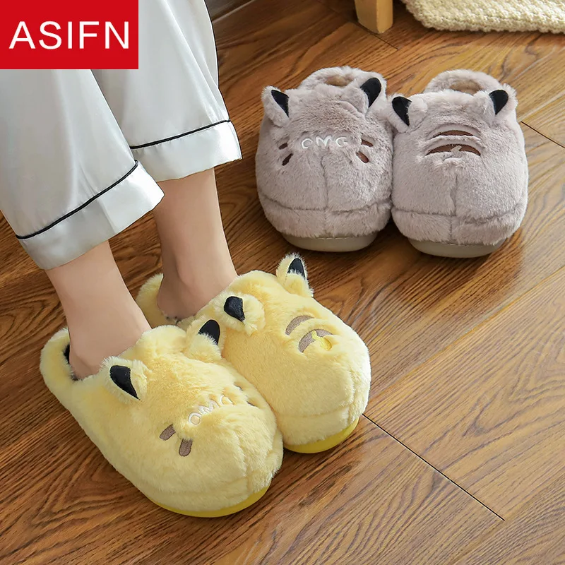 

ASIFN Cute Tiger Head Winter Fur Slippers Women Fur Slides Ladies House Indoor Soft Bottom Non-slip Home Slippers Zapatos Mujer