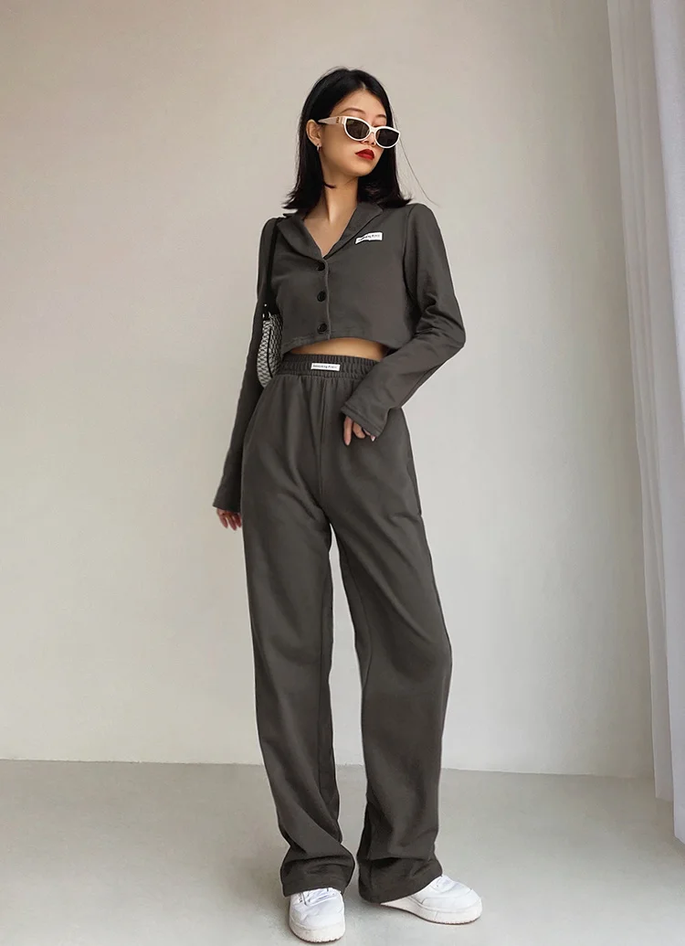 

WOMENGAGA Pants Set Autumn Korean Loose Wide Leg Pants Straight Trousers Short V Neck Sweatshirt Casual Two-piece Suit BR8Y