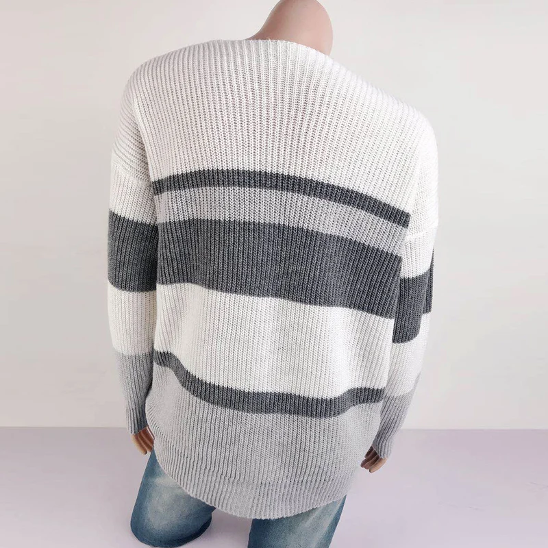 

Fashion Women Casual Knitted Stitching Sweater New Spring Autumn Elegant Long-Sleeved Loose V-Neck Buttons Cardigans Cardigan