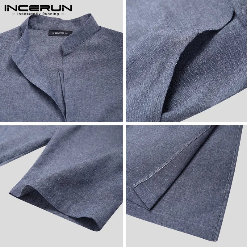

INCERUN Islamic Arabic Men Kaftan Plain Long Sleeve V Neck Robes Dubai Abaya Middle East Vintage Muslim Men Jubba Thobe S-5XL
