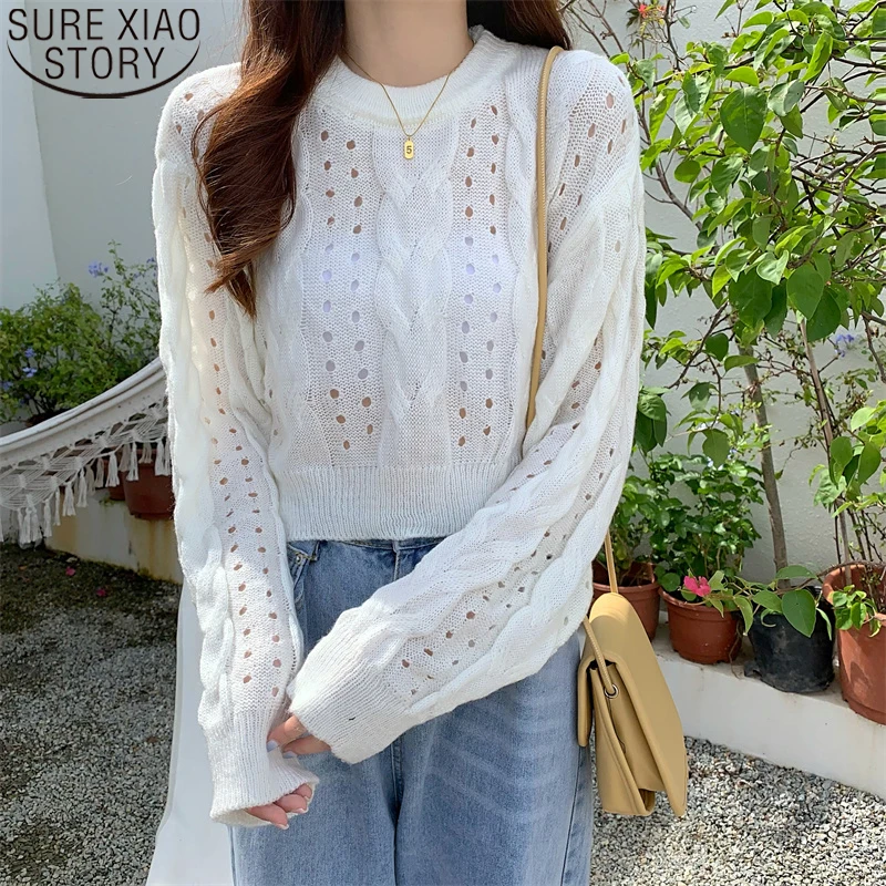 

Casual Knitted Tops Winter Clothes Fashion Hollow Out Loose Twist Sweater Pullover Women O-Neck Long Sleeve Short Sweater 17647