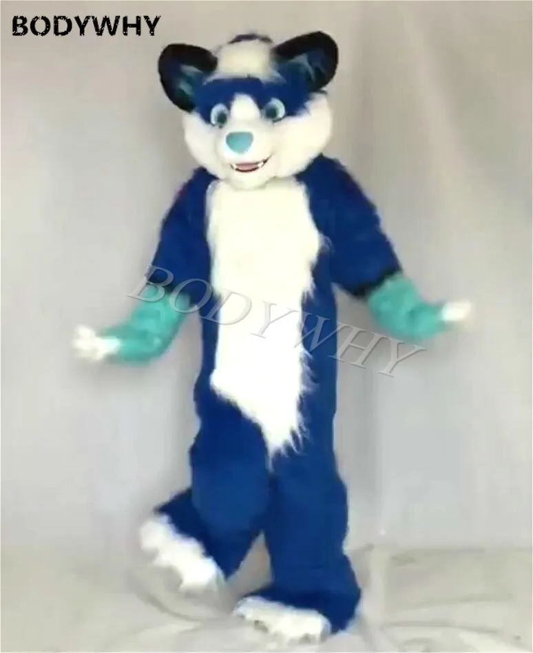Роскошный длинный мех голубой собака хаски волк лиса Фурсьют маскот костюм фурри