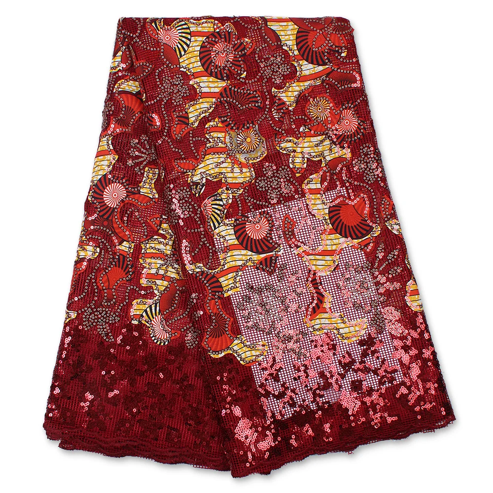 

PGC Wine African Wax Sequins Lace Fabric 2021 High Quality Lace Material Latest French Lace Fabric For Wedding Sewing YA4146B-1