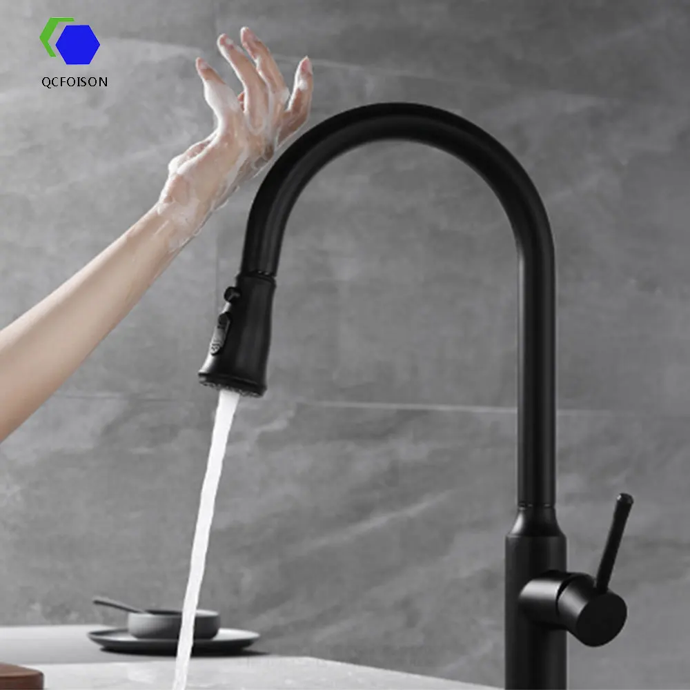 

QCFOISON 304 stainless steel Touch sensitive Kitchen sink faucet black chrome Household pull-out type basin cold hot water tap