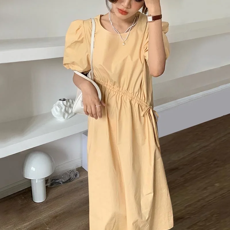 

South Korea Chic Summer Dress Simple Round Neck Inclined Drawcord Dress Woman Pleated Design Bubble Sleeve Dress