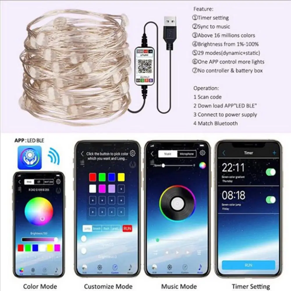 

2M-20M Christmas Tree Led String Lights with Smart Bluetooth App Remote Control Christmas Home Decration Fairy Lights