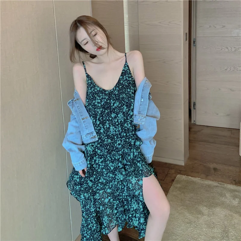 Дизайн Разделение Нерегулярные Спагетти ремень длинное платье новые летние